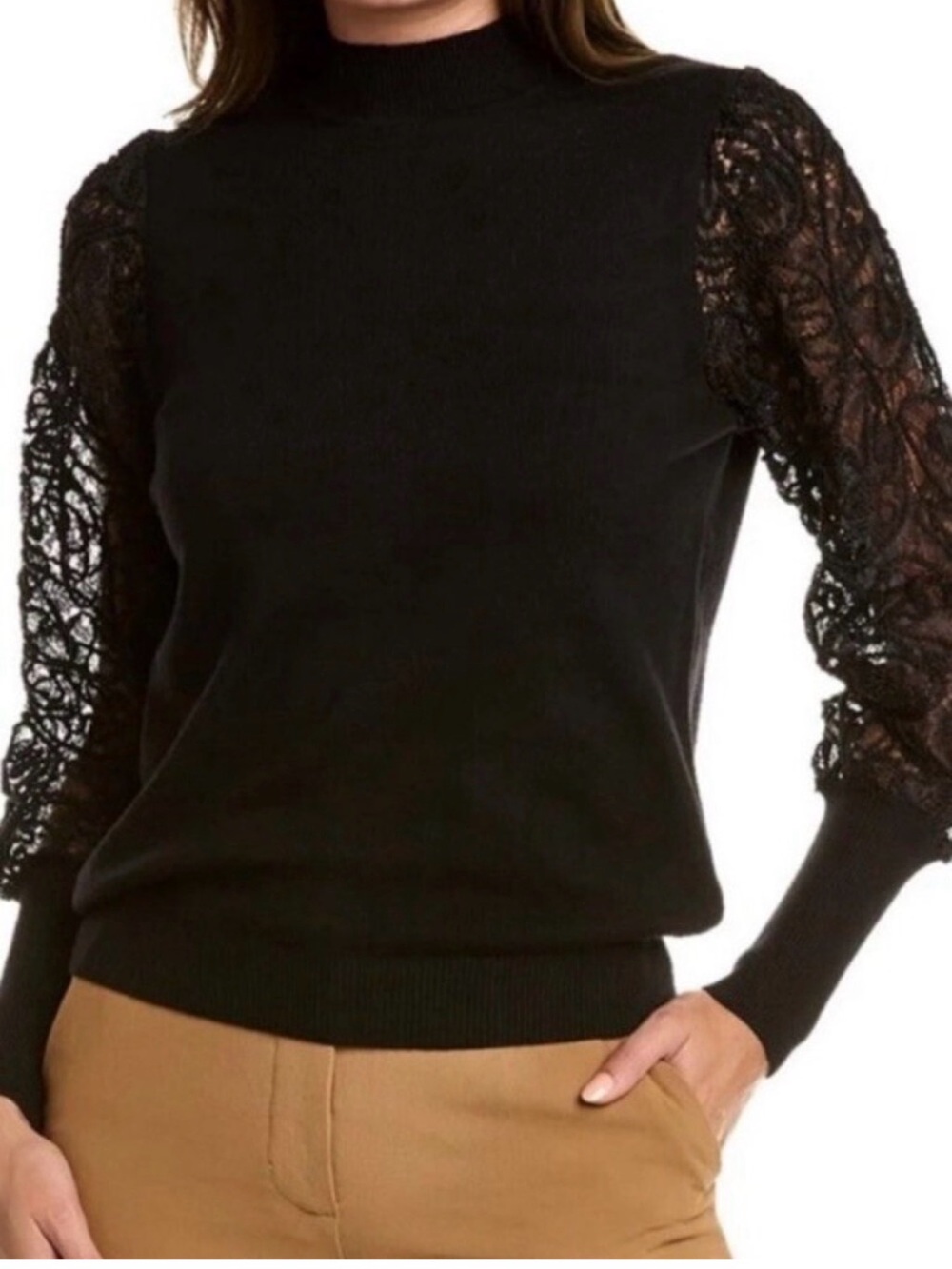 Black Lace-Sleeve Mock Neck Women's Sweater Nanette lepore